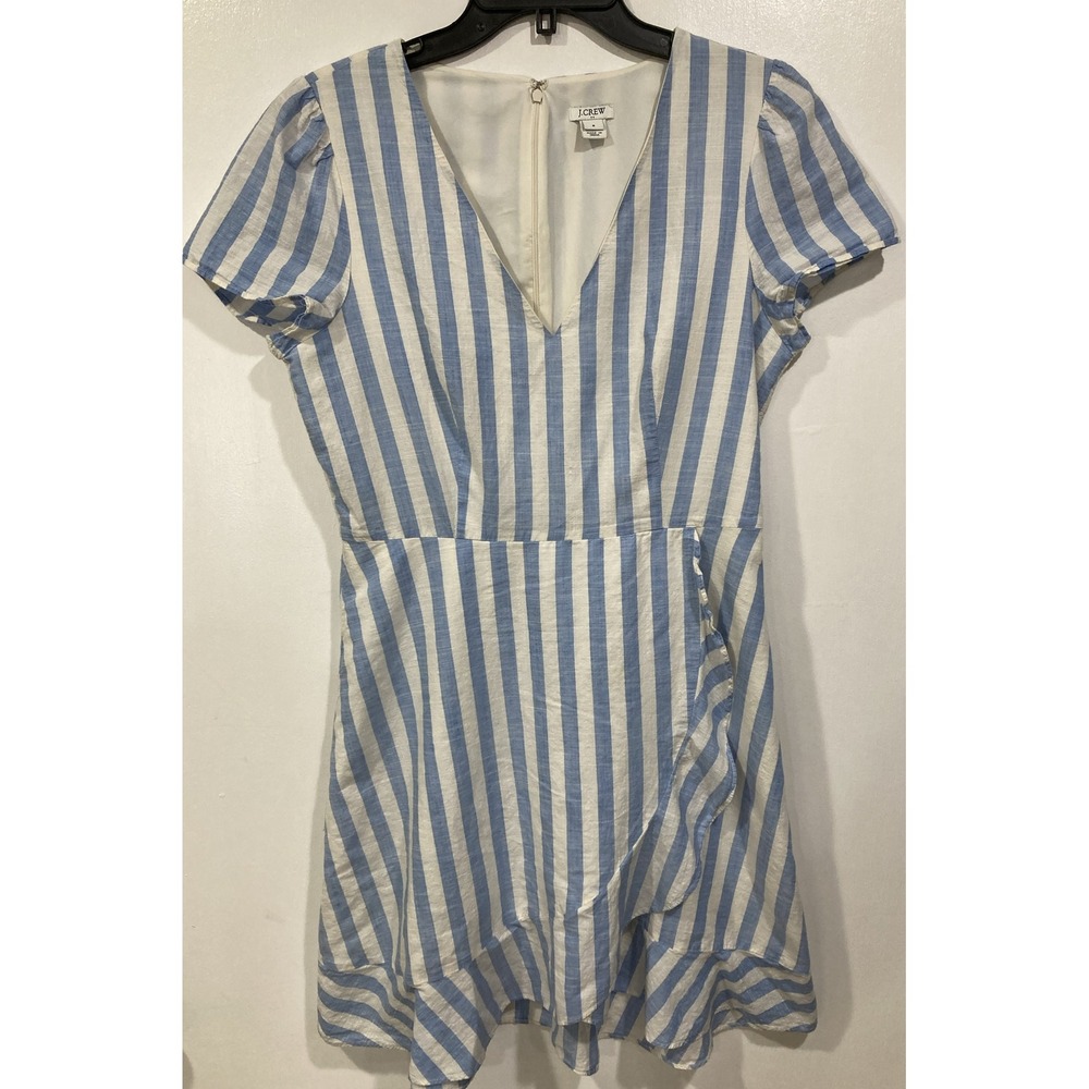 J CREW Blue White Stripe Faux Wrap Dress 8 - 100% Cotton Short Sleeves Lined